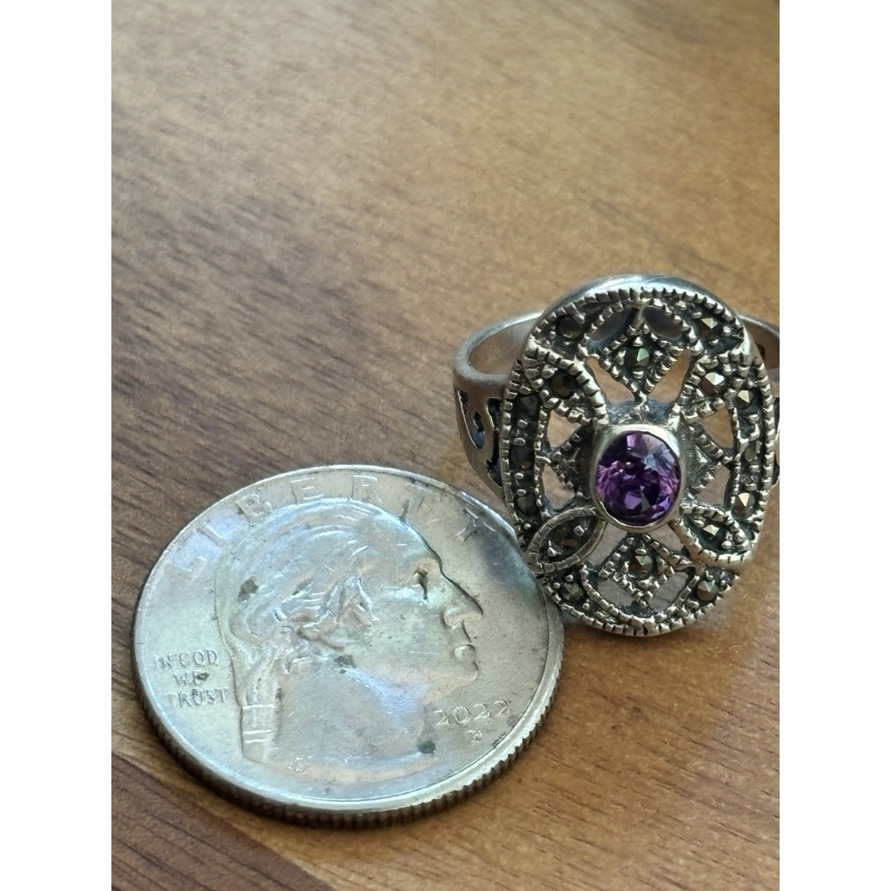 VINTAGE AMETHYST W/ MARCASITE ORNATE OPEN WORK STERLING SILVER 925 RING Sz 7.75 - Picture 8 of 8